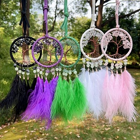 Woven Net/Web with Feather Wind Chimes, Natural Gemstone Chips Tree of Life for Home Party Festival Decor