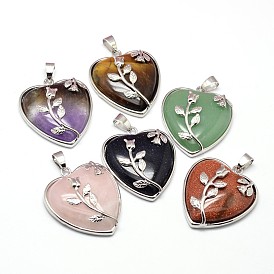 Heart with Flower Platinum Plated Brass Mixed Stone Pendants, Cadmium Free & Lead Free, 37x31.5x8mm, Hole: 5x8mm