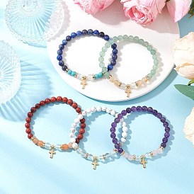 5шт. круглых бусин из натуральных и синтетических драгоценных камней, растягивающихся браслетов, 304 браслеты с подвесками в виде креста из нержавеющей стали для мужчин и женщин