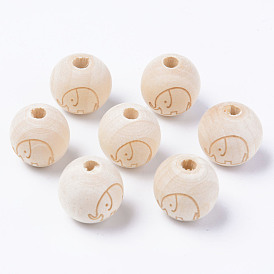 Unfinished Natural Wood European Beads, Large Hole Beads, for DIY Painting Craft, Laser Engraved Pattern, Round with Elephant Pattern