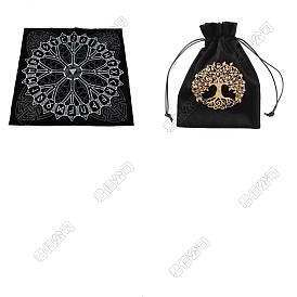 1pc nappe de tarot carrée en peluche, tapis de tarot, 1 pochettes d'emballage en velours à motif arbre de vie