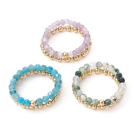 3 conjunto 3 conjunto de anillos elásticos con cuentas redondas de latón y piedras preciosas mixtas naturales de estilo, anillos apilables