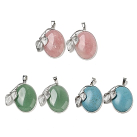 Gemstone Pendants, Platinum Plated Alloy Oval Charms with Leaf