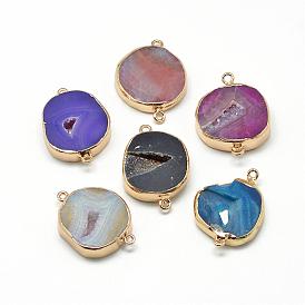 Natural Druzy Agate Links Connectors, with Brass Findings, Dyed, Flat Round, Golden