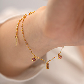 18K Gold Square Pink Purple Round Pendant Bracelet, Non-Fading and Versatile Jewelry