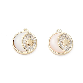 Rack Plating Brass Shell Pendants, with Cubic Zirconia, Long-Lasting Plated, Flat Round Charms