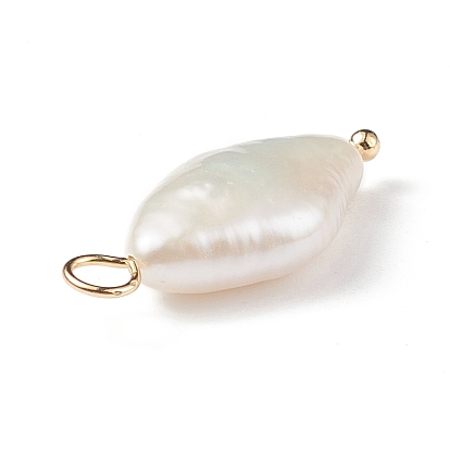 Natural Keshi Pearl Pendants, Rhombus Charm, Cultured Freshwater Pearl, with Real 18K Gold Plated Brass Loops