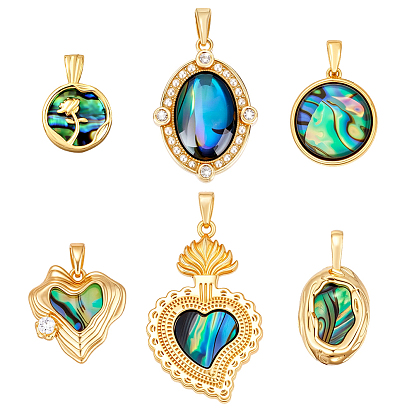 6 шт. 6 стили подвески из натуральной латуни с паве из ракушек пауа, реальный 14 k позолоченный