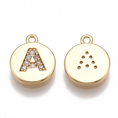 Brass Cubic Zirconia Charms, Flat Round with Letter, Nickel Free, Real 18K Gold Plated