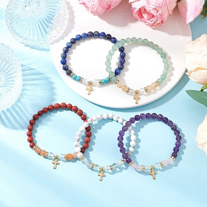 5шт. круглых бусин из натуральных и синтетических драгоценных камней, растягивающихся браслетов, 304 браслеты с подвесками в виде креста из нержавеющей стали для мужчин и женщин