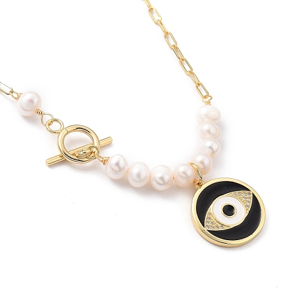Brass Micro Pave Cubic Zirconia Pendant Necklaces, with Enamel and Natural Pearl Beads, Flat Round with Evil Eye