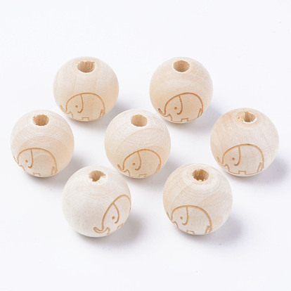 Unfinished Natural Wood European Beads, Large Hole Beads, for DIY Painting Craft, Laser Engraved Pattern, Round with Elephant Pattern