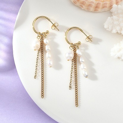 304 aretes con borla de acero inoxidable, Pendientes de media argolla de perlas cultivadas naturales de agua dulce para mujer.