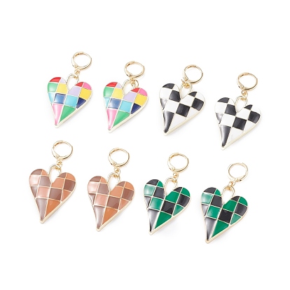 Heart with Tartan Pattern Enamel Dangle Hoop Earrings, Brass Drop Earrings for Women