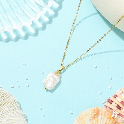 Natural Baroque Keshi Pearl Rectangle Pendant 304 Stainless Steel Cable Chain Necklaces for Women, White