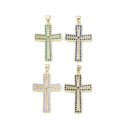 Real 18K Gold Plated Brass Micro Pave Cubic Zirconia Pendants, Cadmium Free & Nickel Free & Lead Free, Cross