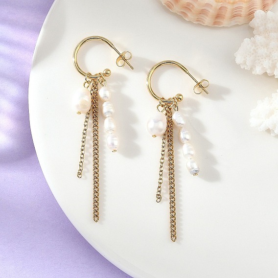 304 Stainless Steel Tassel Stud Earrings, Natural Cultured Freshwater Pearl Half Hoop Earrings for Women