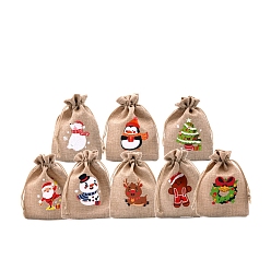 Rectangle Christmas Themed Burlap Drawstring Gift Bags, Gift Pouches for Christmas Party Supplies, BurlyWood