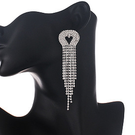 Heart-shaped Water Drop Tassel Earrings with Full Rhinestone, Simple and Atmospheric Jewelry