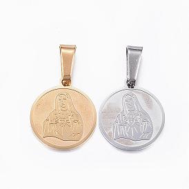 Ion Plating(IP) 304 Stainless Steel Pendants, Flat Round, with Virgin Mary