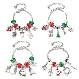 4Pcs 4 Styles Christmas Theme Glass & Alloy European Beads Bracelet Sets for Women, Brass Round Snake Chain Bracelet