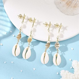 304 Stainless Steel with Natural Pearl Beads Stud Earrings, Starfish, Shell Beads Dangle Earrings