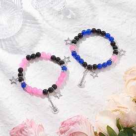 304 Stainless Steel Charms Bracelets, Baking Paint Imitation Jade Glass Round Beads Stretch Bracelets for Women, Guitar & Star