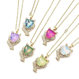 Lion Light Gold Brass Micro Pave Cubic Zirconia Pendant Necklaces, with Glass