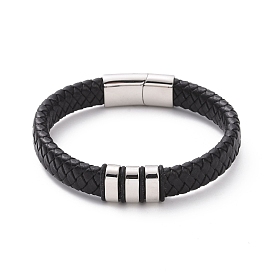304 bracelet perlé triple rectangle en acier inoxydable avec fermoirs magnétiques, bracelet punk en cuir tressé noir pour hommes femmes