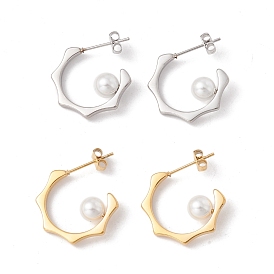 Sun with Plastic Pearl Stud Earrings, 304 Stainless Steel Half Hoop Earrings for Women