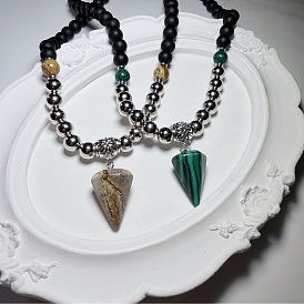 Европейские кулоны-пирамидки из черных стеклянных бусин диаметром 8 мм с застежками из сплава для мужчин, платина