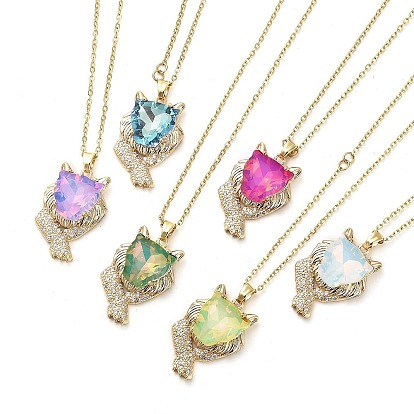 Collares con colgante de circonita cúbica micro pavé de latón dorado claro con león, con vidrio