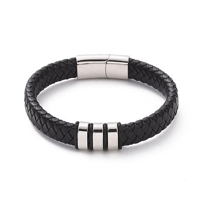 304 Stainless Steel Triple Rectangle Beaded Bracelet with Magnetic Clasps, Black Leather Braided Cord Punk Wristband for Men Women