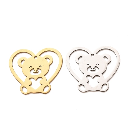201 colgantes de acero inoxidable, Corazón hueco con dijes de oso, Corte con laser