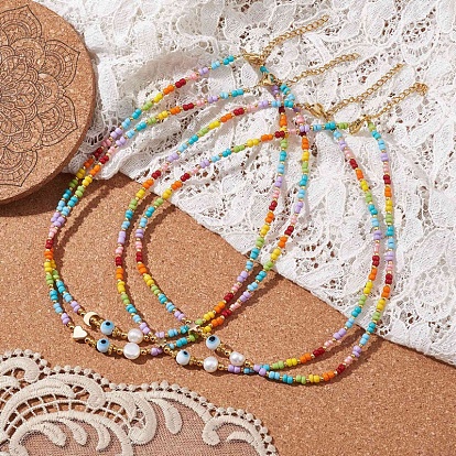 Bohemian Style Glass Beaded Necklaces, with Brass for Women