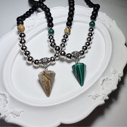 Европейские кулоны-пирамидки из черных стеклянных бусин диаметром 8 мм с застежками из сплава для мужчин, платина