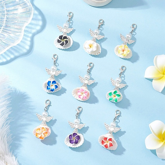 Кулон из полимерной глины ручной работы украшения, с застежками-карабинами из цинкового сплава и ракушкой, Ангел с цветком, платина