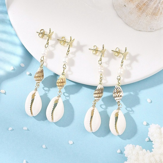 304 Stainless Steel with Natural Pearl Beads Stud Earrings, Starfish, Shell Beads Dangle Earrings