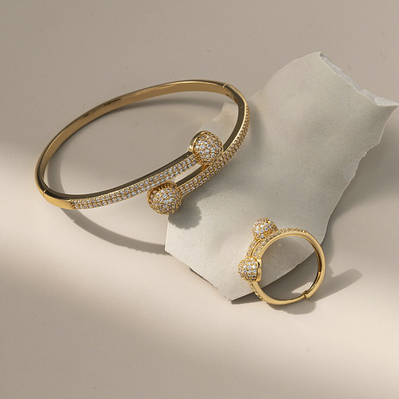 Плоские круглые латунные браслеты-манжеты и кольца с микропаве из прозрачных кубических цирконий