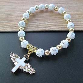 Acrylic Round with Cross Beaded Stretch Bracelets with Cross Charms