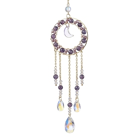 Anneau de perles d'améthyste naturelle, ornements suspendus, Attrape-soleil en verre avec pompon en forme de larme pour décorations de jardin de maison