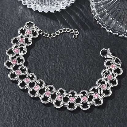 304 Stainless Steel Light Rose Rhinestone Bowknot Link Chain Bracelets