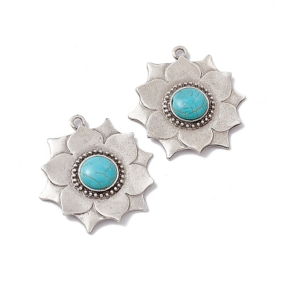 Synthetic Turquoise Pendants, Flower Charms, with Rack Plating Alloy Findings