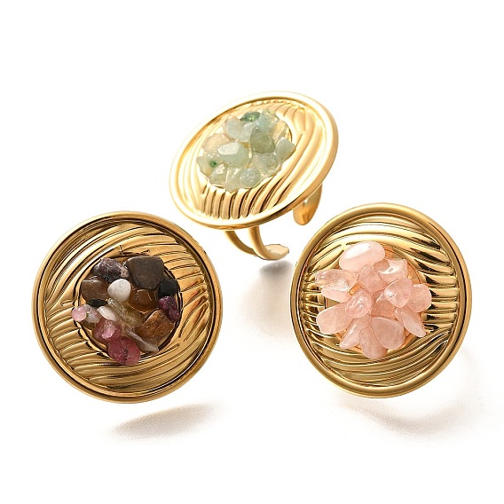 Кольца для женщин с натуральными драгоценными камнями, плоские круглые 304 открытые манжеты из нержавеющей стали, реальный 18 k позолоченный