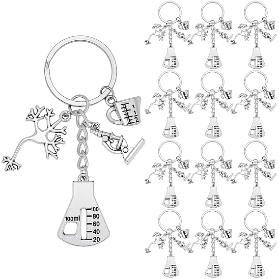 20Pcs Alloy Chemistry Theme Keychains, with Iron Split Key Rings, Microscope & Measuring Cylinder & Brain Neuron