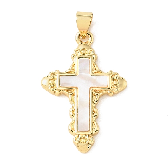 Brass & Natural White Shell Pendants, Cross Charms, Rack Plating, Long-Lasting Plated, Cadmium Free & Lead Free