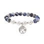 Natural Mixed Gemstone & Shell Pearl Stretch Bracelet, with Alloy Tree of Life Charms