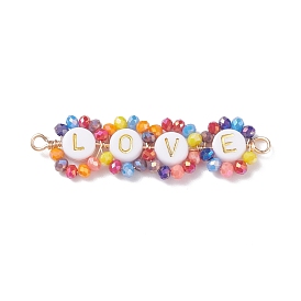 Electroplate Glass Copper Wire Wrapped Connector Charms, with Acrylic Beads, Real 18K Gold Plated, Flower with Word Love