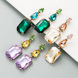 Geometric Large Water Diamond Earrings with Colorful Gems, Simple and Trendy.