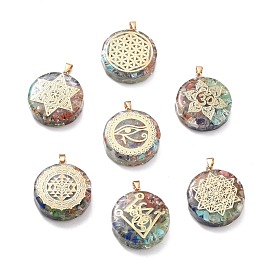 Transparent Resin Pendants, with Chip Gemstone Beads and Alloy Findings, Flat Round